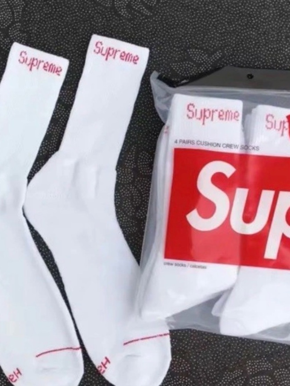 Supreme White Crew Socks with Red Logo - one pair